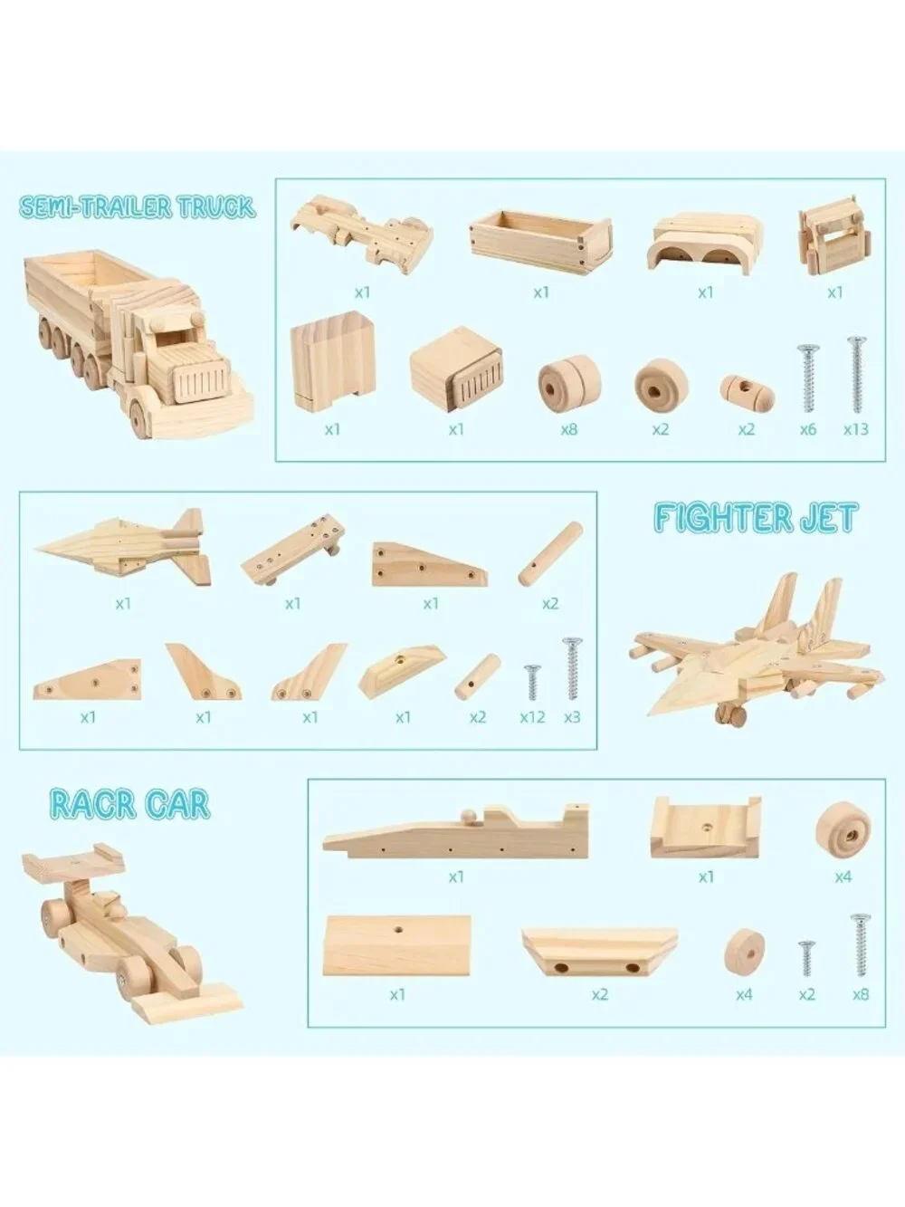 DIY Wooden Model Building Kit - 3 Pack Fighter Jet, Truck, Race Car - Arts